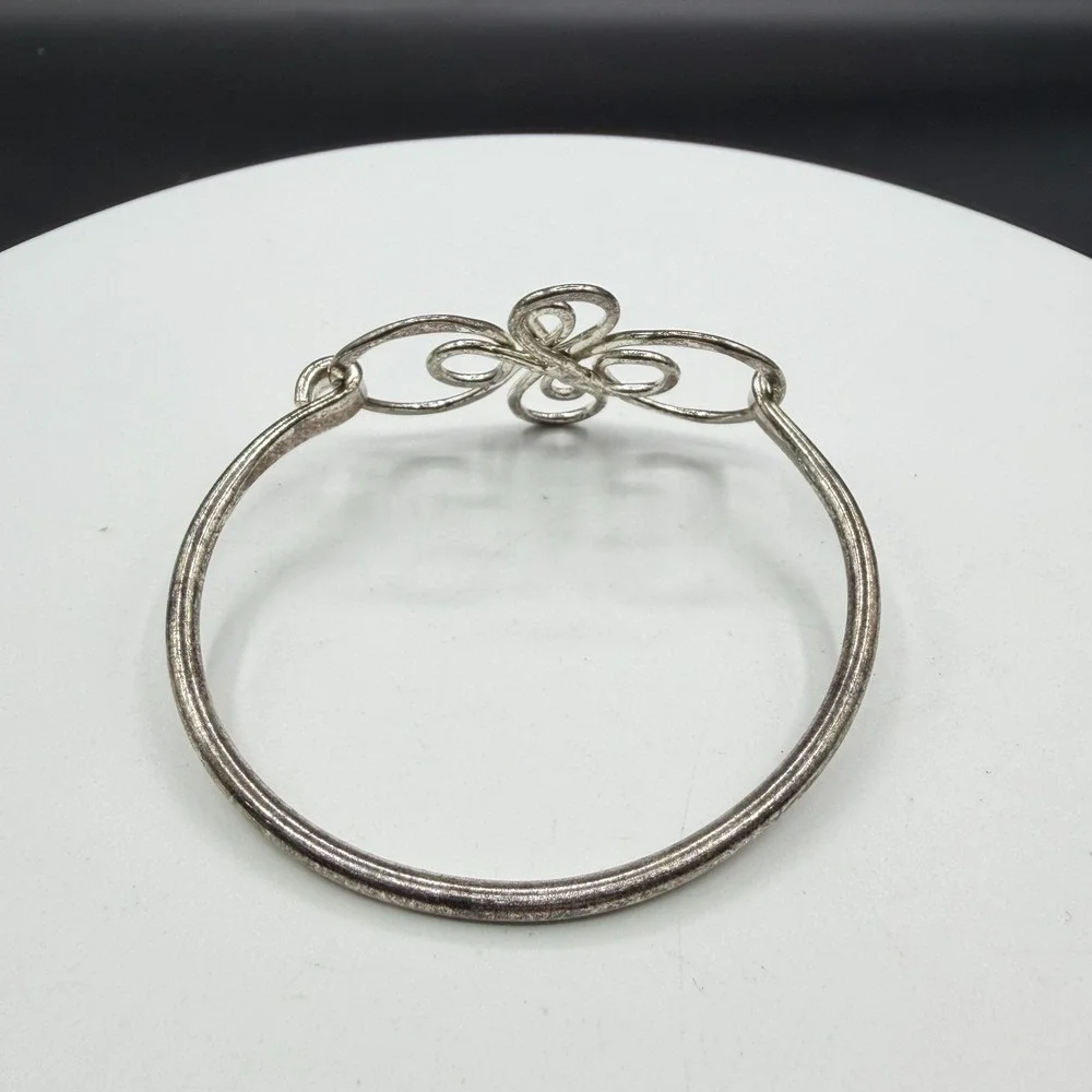Silver Tone Scrollwork Bangle Bracelet Ornate Wirework Swirl Boho Statement Gift